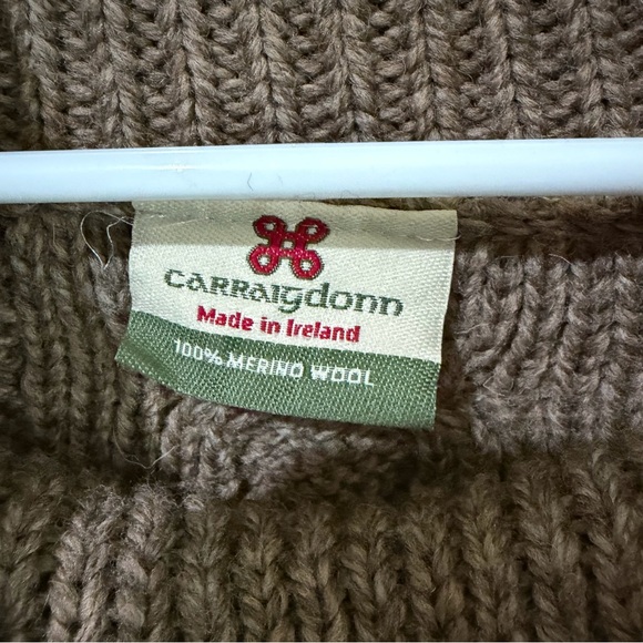 Carraig Donn Medium Merino Wool Cable Knit Cowl Neck Sweater Pocket Brown - Picture 3 of 6